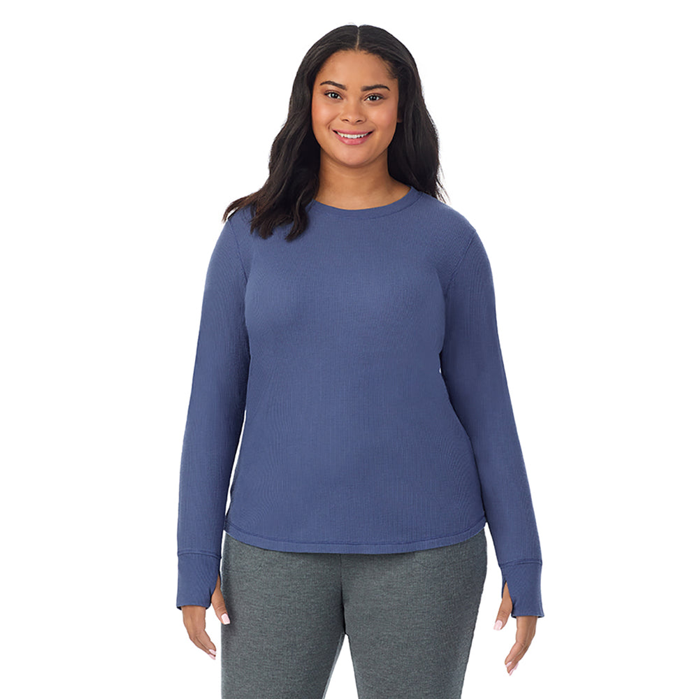 A Lady is wearing Smoke Blue Cozy Stretch Thermal Long Sleeve Crew PLUS