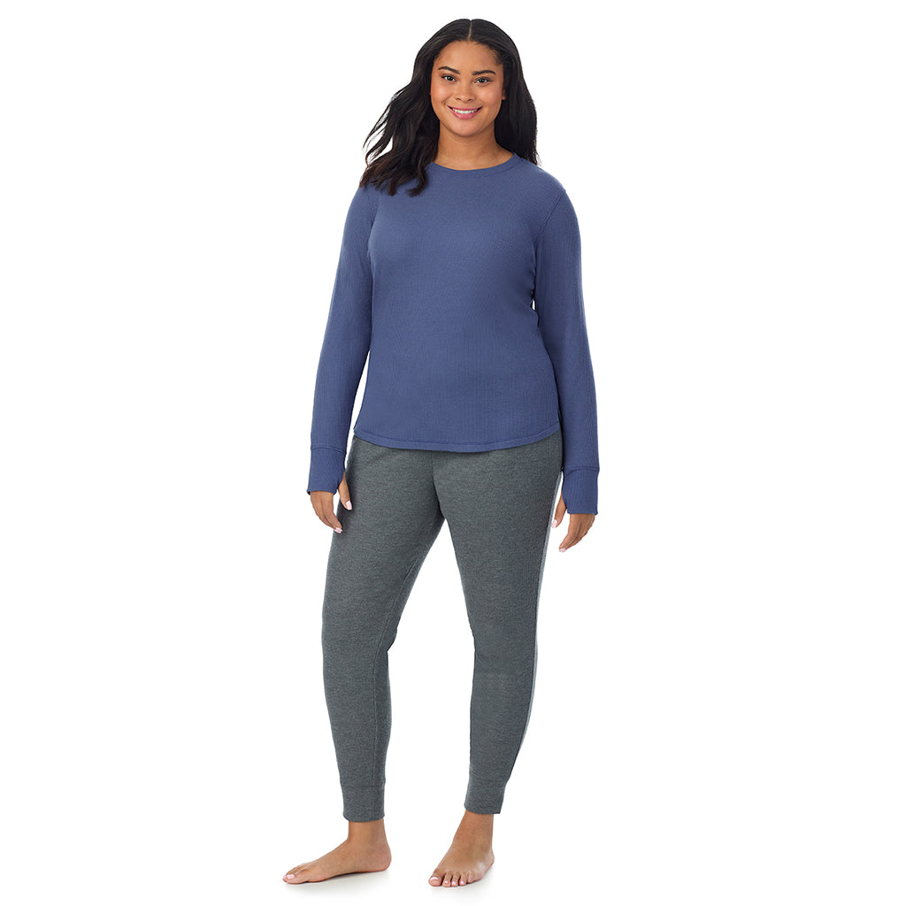  A Lady is wearing Smoke Blue Cozy Stretch Thermal Long Sleeve Crew PLUS