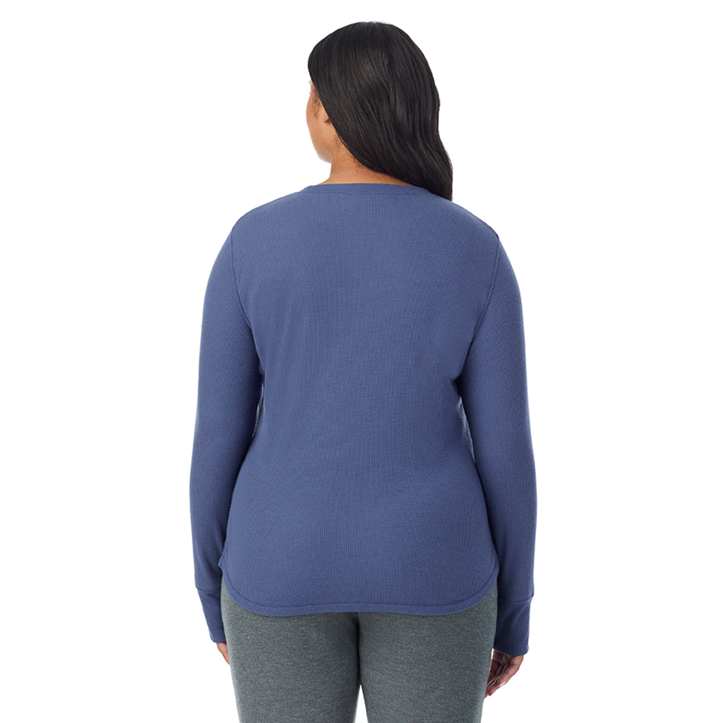 Smoke Blue; Model is wearing size 1X. She is 5'11", Bust 36", Waist 36.5", Hips 47.5"@ A Lady is wearing Smoke Blue Cozy Stretch Thermal Long Sleeve Crew PLUS