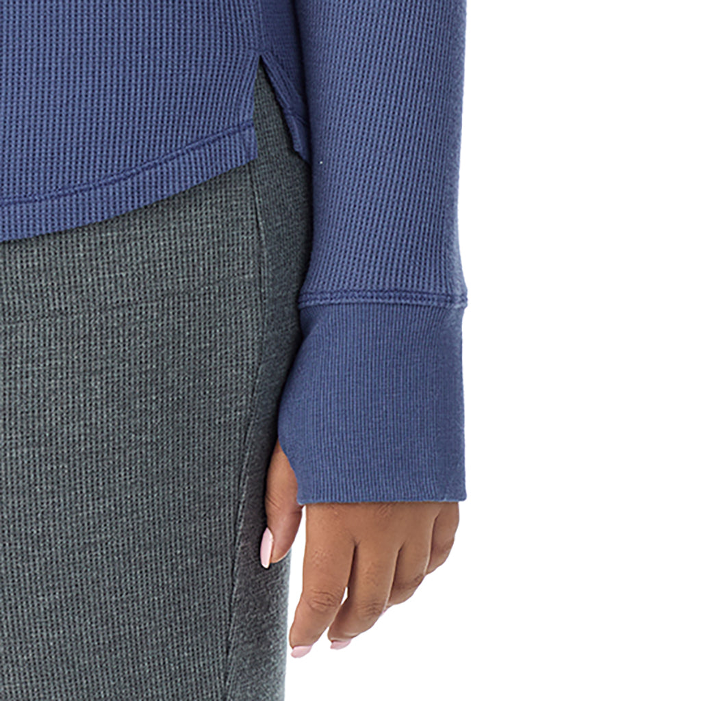 Smoke Blue; Model is wearing size 1X. She is 5'11", Bust 36", Waist 36.5", Hips 47.5"@ A Lady is wearing Smoke Blue Cozy Stretch Thermal Long Sleeve Crew PLUS