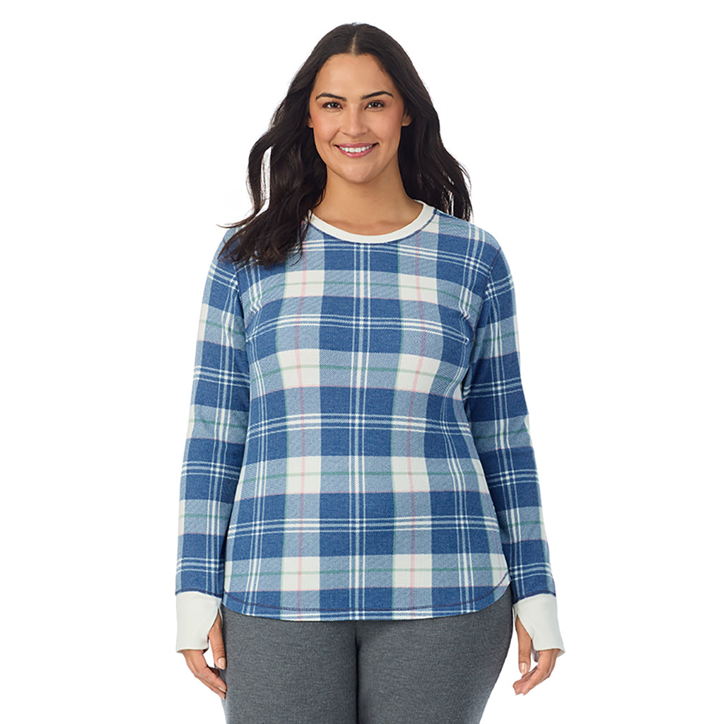 Blue Plaid; Model is wearing size 1X. She is 5'10", Bust 40", Waist 33", Hips 47"@ A Lady is wearing Blue Plaid Cozy Stretch Thermal Long Sleeve Crew PLUS