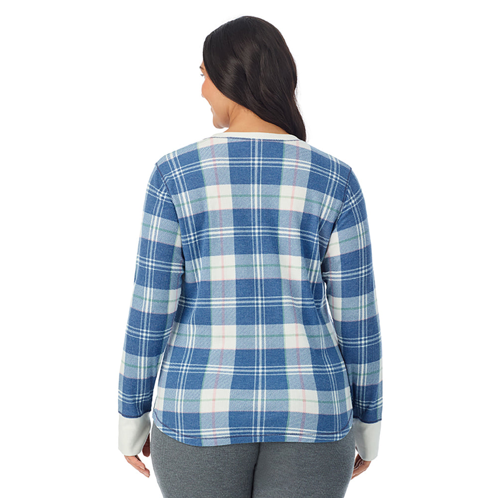 A Lady is wearing Blue Plaid Cozy Stretch Thermal Long Sleeve Crew PLUS