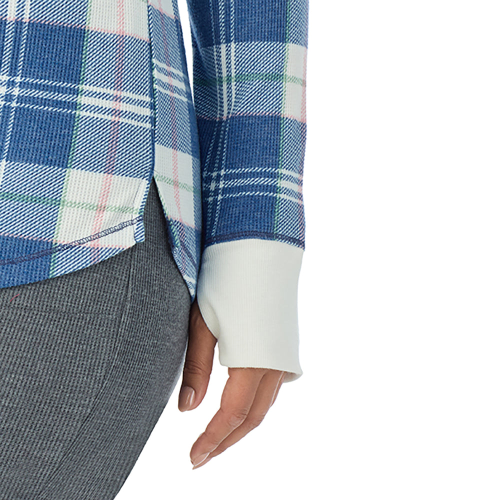 A Lady is wearing Blue Plaid Cozy Stretch Thermal Long Sleeve Crew PLUS