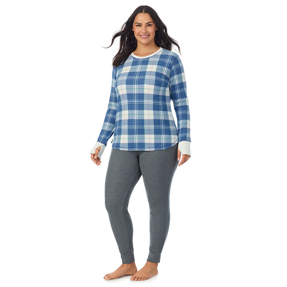 A Lady is wearing Blue Plaid Cozy Stretch Thermal Long Sleeve Crew PLUS