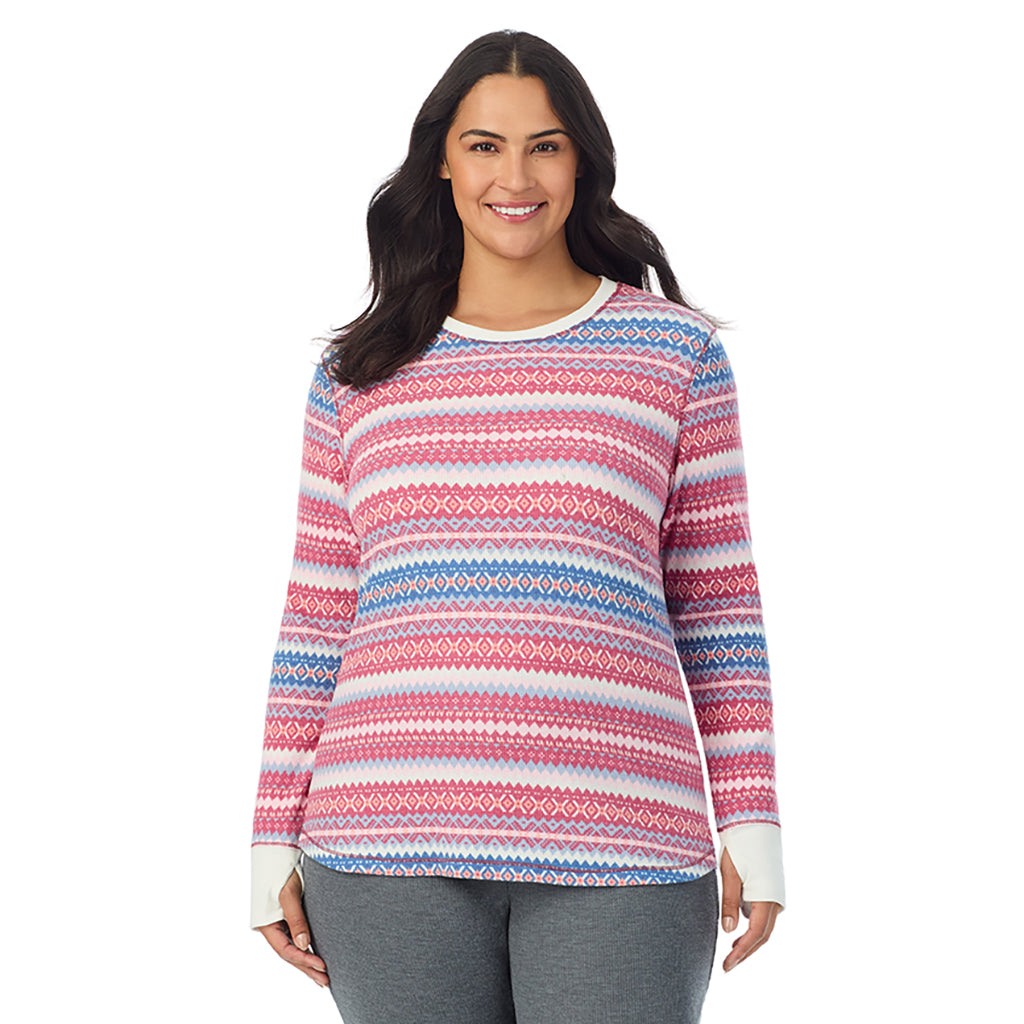  A Lady is wearing Red Fairisle Cozy Stretch Thermal Long Sleeve Crew PLUS