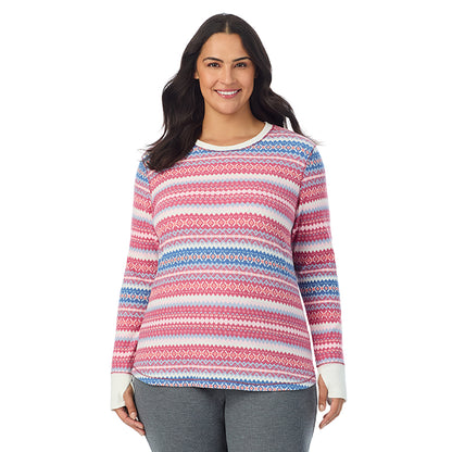 Red Fairisle; Model is wearing size 1X. She is 5'10", Bust 40", Waist 33", Hips 47"@ A Lady is wearing Red Fairisle Cozy Stretch Thermal Long Sleeve Crew PLUS