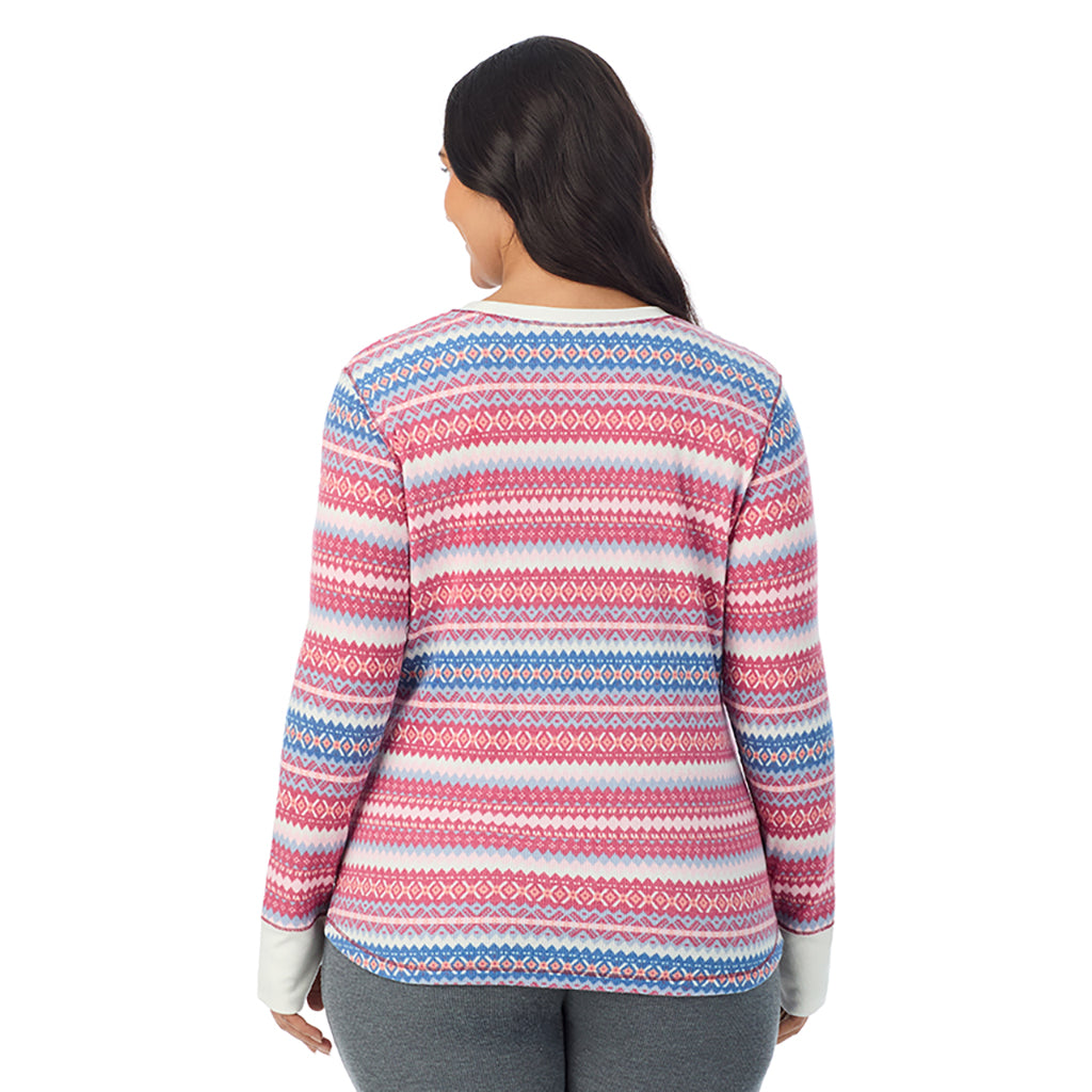 Red Fairisle; Model is wearing size 1X. She is 5'10", Bust 40", Waist 33", Hips 47"@ A Lady is wearing Red Fairisle Cozy Stretch Thermal Long Sleeve Crew PLUS