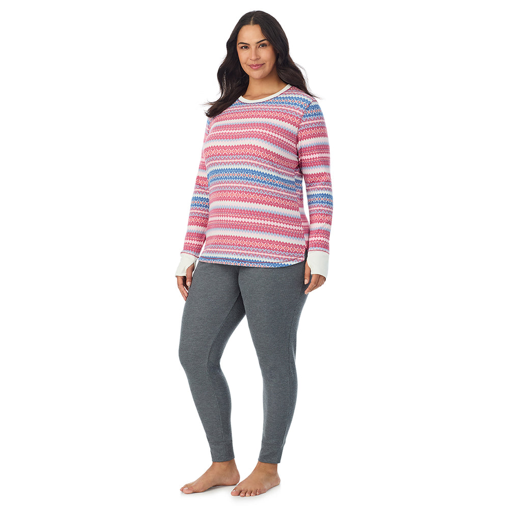 A Lady is wearing Red Fairisle Cozy Stretch Thermal Long Sleeve Crew PLUS