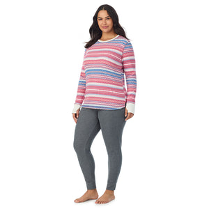  A Lady is wearing Red Fairisle Cozy Stretch Thermal Long Sleeve Crew PLUS