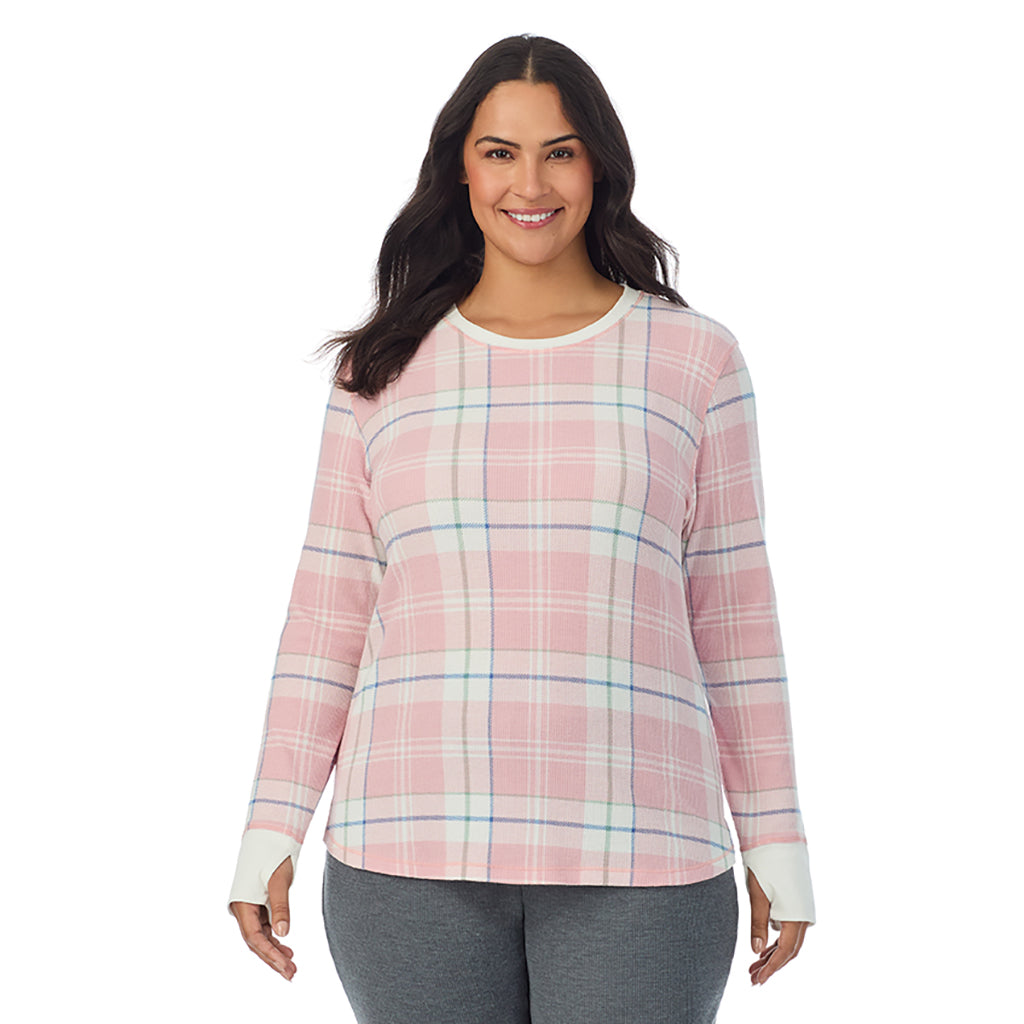  A Lady is wearing Pink Plaid Cozy Stretch Thermal Long Sleeve Crew PLUS