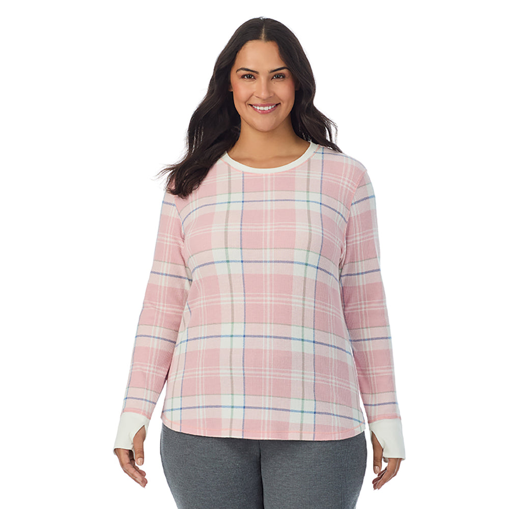 A Lady is wearing Pink Plaid Cozy Stretch Thermal Long Sleeve Crew PLUS
