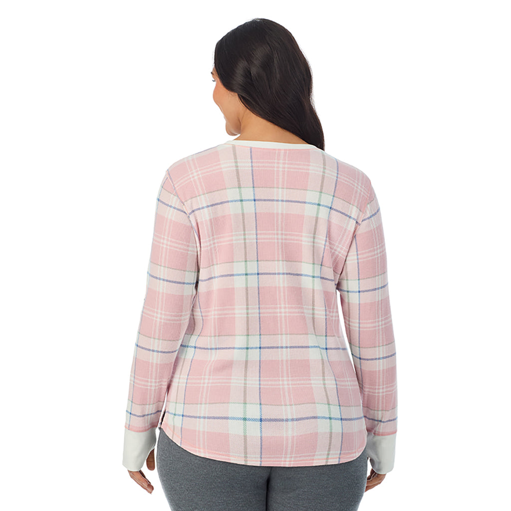  A Lady is wearing Pink Plaid Cozy Stretch Thermal Long Sleeve Crew PLUS