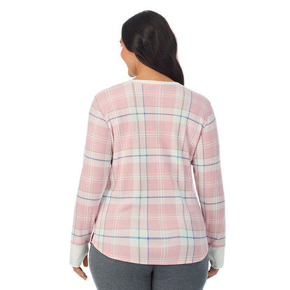 Pink Plaid; Model is wearing size 1X. She is 5'10", Bust 40", Waist 33", Hips 47"@ A Lady is wearing Pink Plaid Cozy Stretch Thermal Long Sleeve Crew PLUS