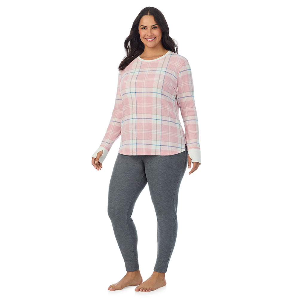 A Lady is wearing Pink Plaid Cozy Stretch Thermal Long Sleeve Crew PLUS