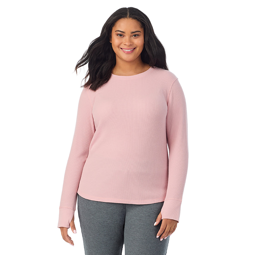 Dusty Pink; Model is wearing size 1X. She is 5'11", Bust 36", Waist 36.5", Hips 47.5"@ A Lady is wearing Dusty Pink Cozy Stretch Thermal Long Sleeve Crew PLUS