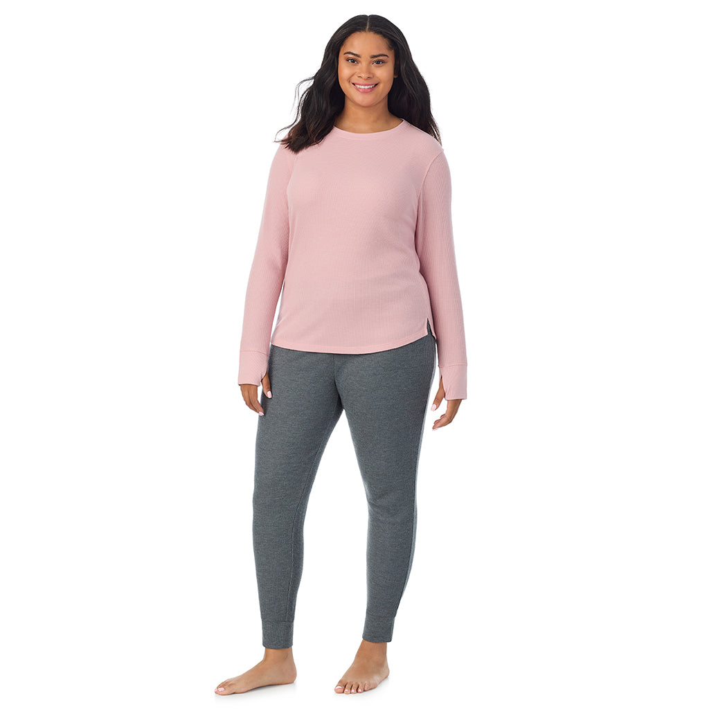 Dusty Pink; Model is wearing size 1X. She is 5'11", Bust 36", Waist 36.5", Hips 47.5"@ A Lady is wearing Dusty Pink Cozy Stretch Thermal Long Sleeve Crew PLUS