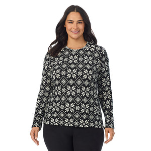  A Lady is wearing Black White Snowflake Fleecewear With Stretch Long Sleeve Crew PLUS