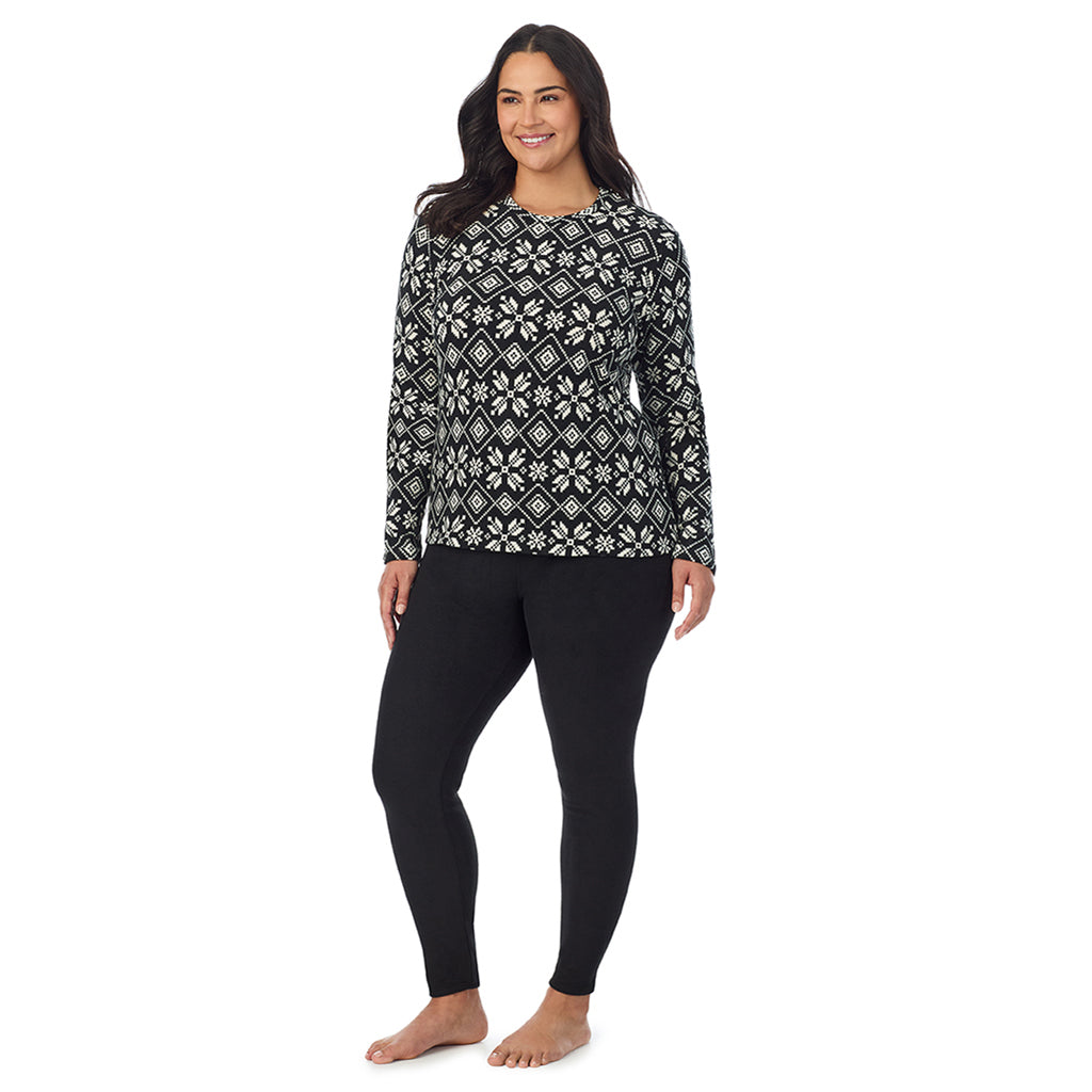  A Lady is wearing Black White Snowflake Fleecewear With Stretch Long Sleeve Crew PLUS