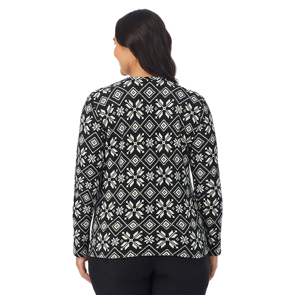 A Lady is wearing Black White Snowflake Fleecewear With Stretch Long Sleeve Crew PLUS