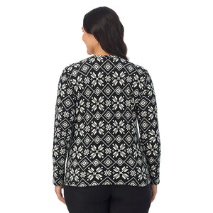  A Lady is wearing Black White Snowflake Fleecewear With Stretch Long Sleeve Crew PLUS