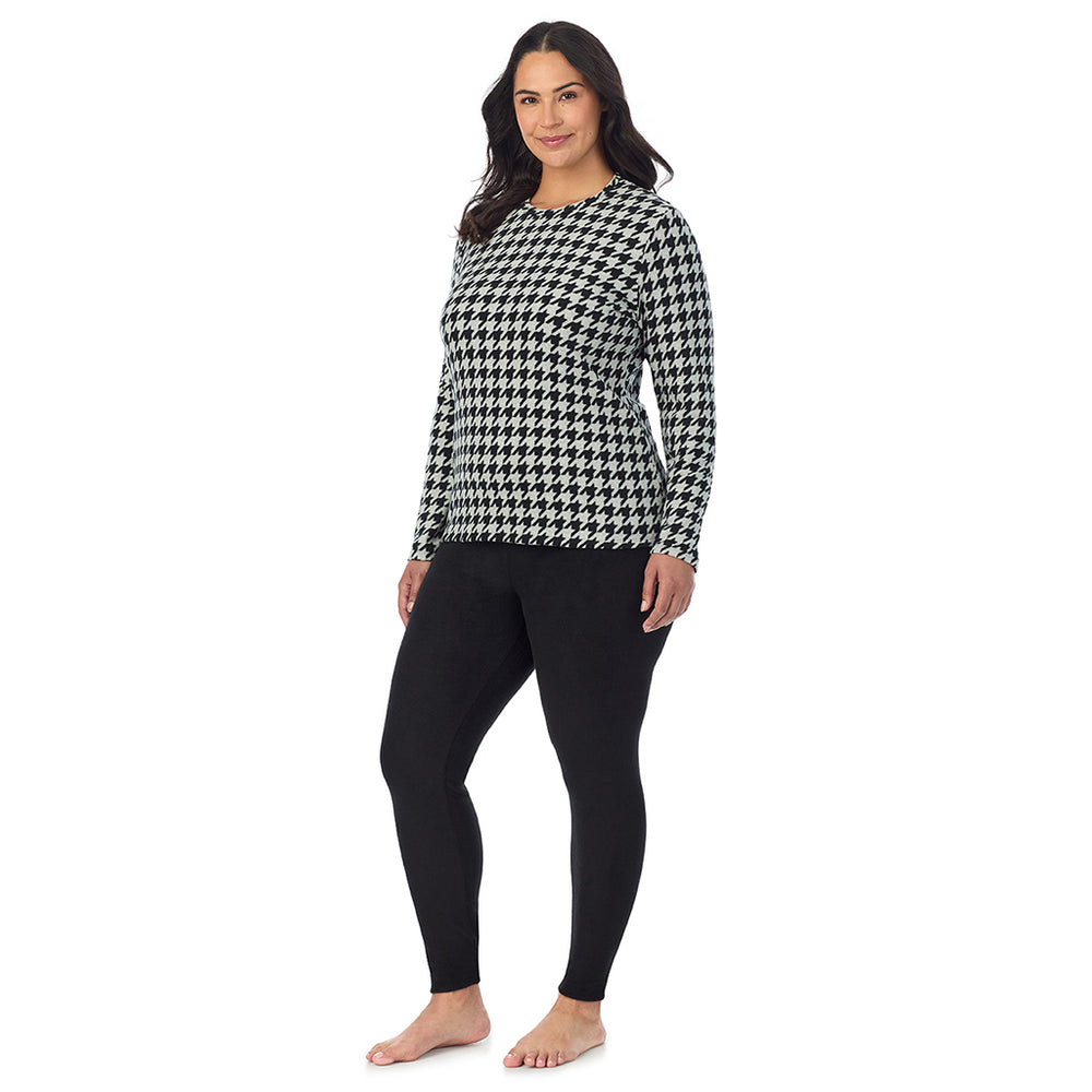 A Lady is wearing Lt Grey Heather Houndstooth Fleecewear With Stretch Long Sleeve Crew PLUS