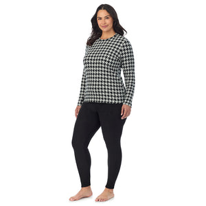  A Lady is wearing Lt Grey Heather Houndstooth Fleecewear With Stretch Long Sleeve Crew PLUS