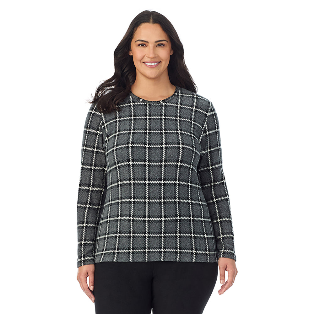A Lady is wearing Grey Black Plaid Fleecewear With Stretch Long Sleeve Crew PLUS