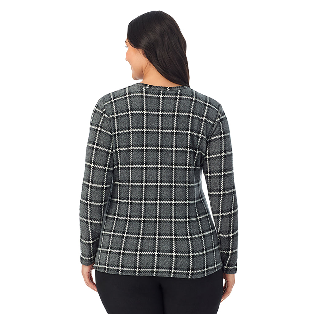 Grey Black Plaid; Model is wearing size 1X. She is 5'10", Bust 40", Waist 33", Hips 47"@ A Lady is wearing Grey Black Plaid Fleecewear With Stretch Long Sleeve Crew PLUS