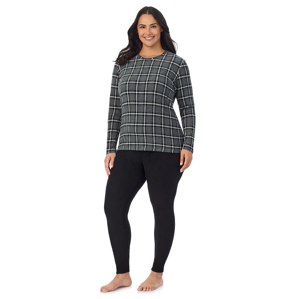 A Lady is wearing Grey Black Plaid Fleecewear With Stretch Long Sleeve Crew PLUS