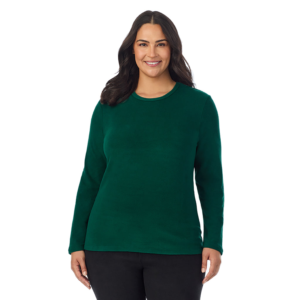 Evergreen; Model is wearing size 1X. She is 5'10", Bust 40", Waist 33", Hips 47"@ A Lady is wearing Evergreen Fleecewear With Stretch Long Sleeve Crew PLUS