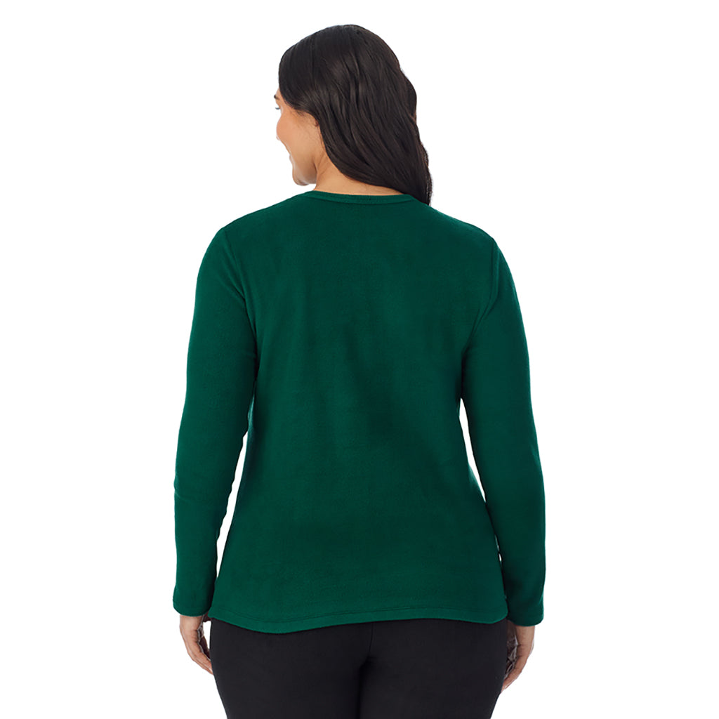 Evergreen; Model is wearing size 1X. She is 5'10", Bust 40", Waist 33", Hips 47"@ A Lady is wearing Evergreen Fleecewear With Stretch Long Sleeve Crew PLUS