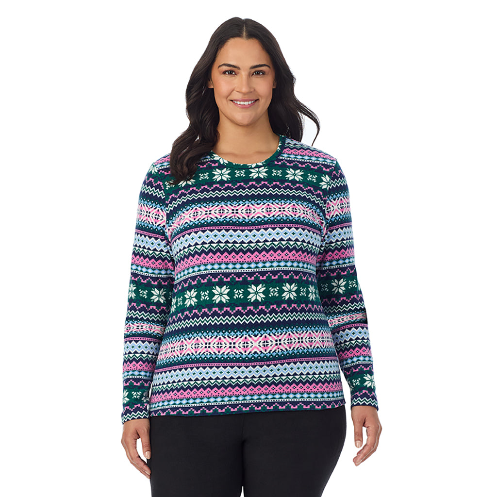  A Lady is wearing Green Pink Fairisle Fleecewear With Stretch Long Sleeve Crew PLUS