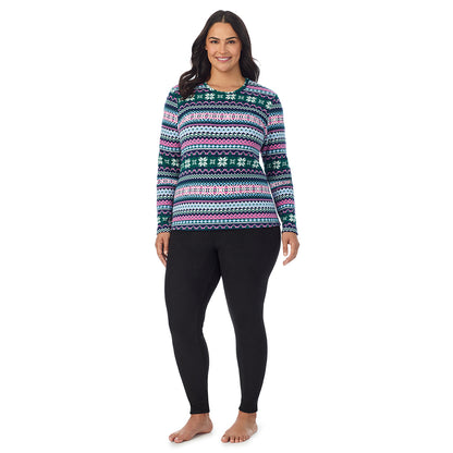 Green Pink Fairisle; Model is wearing size 1X. She is 5'10", Bust 40", Waist 33", Hips 47"@ A Lady is wearing Green Pink Fairisle Fleecewear With Stretch Long Sleeve Crew PLUS