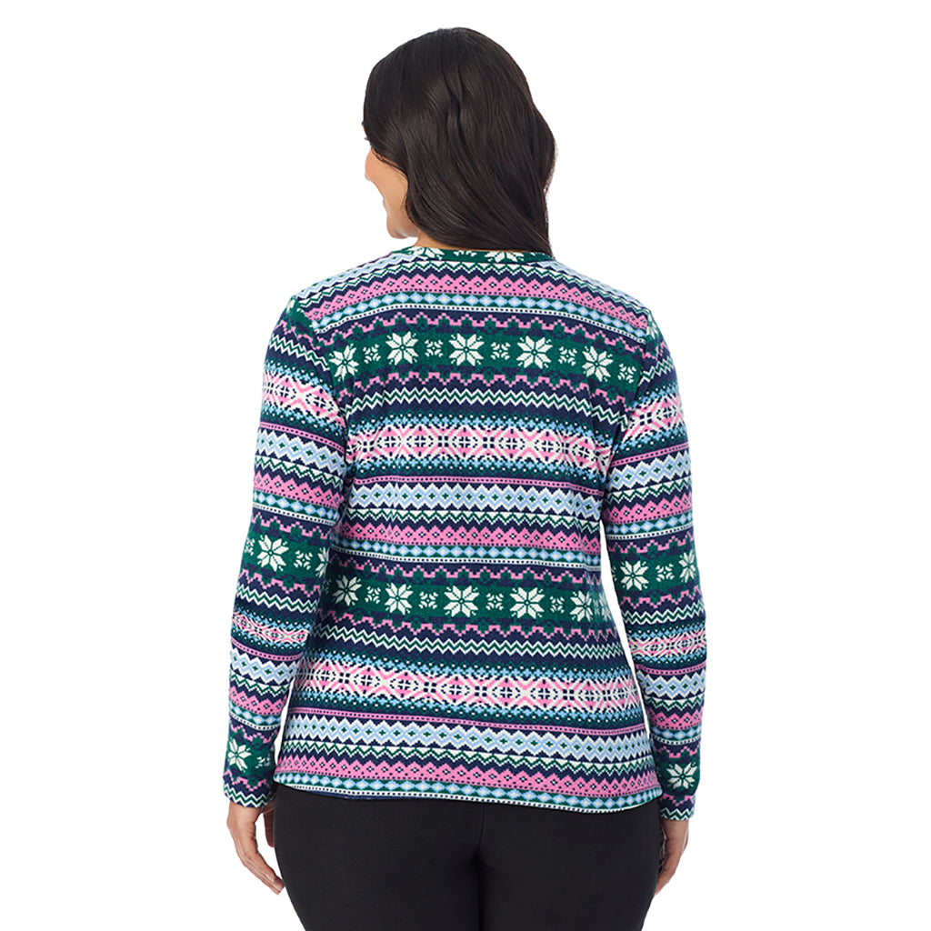 Green Pink Fairisle; Model is wearing size 1X. She is 5'10", Bust 40", Waist 33", Hips 47"@ A Lady is wearing Green Pink Fairisle Fleecewear With Stretch Long Sleeve Crew PLUS