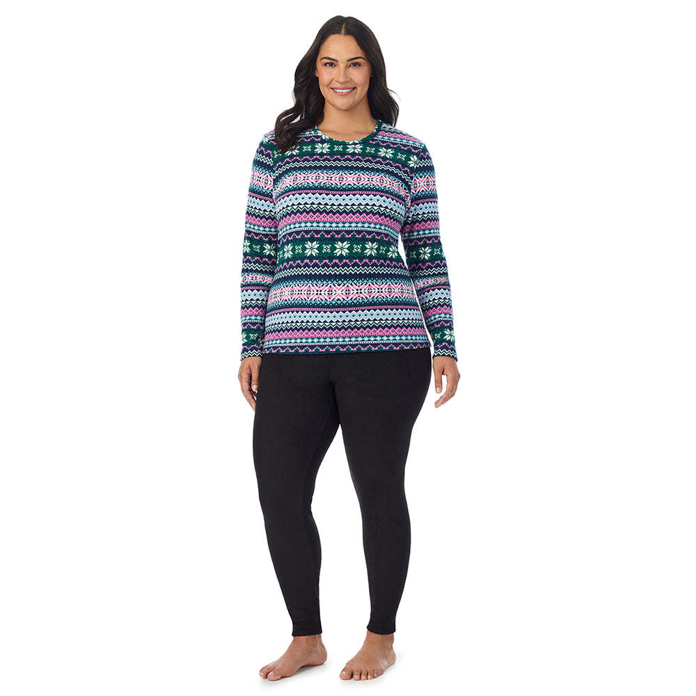 A Lady is wearing Green Pink Fairisle Fleecewear With Stretch Long Sleeve Crew PLUS