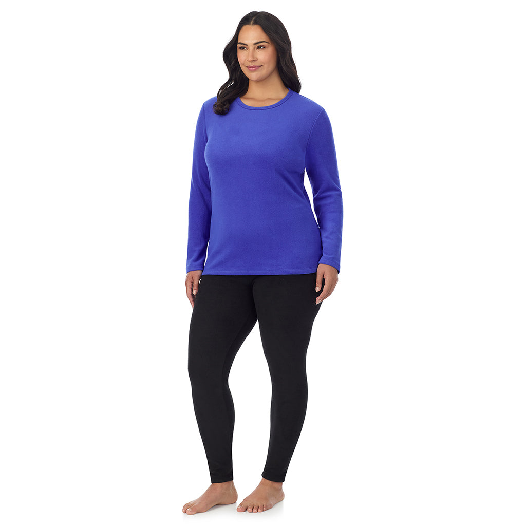 Dazzling Blue; Model is wearing size 1X. She is 5'10", Bust 40", Waist 33", Hips 47"@ A Lady is wearing Dazzling Blue Fleecewear With Stretch Long Sleeve Crew PLUS