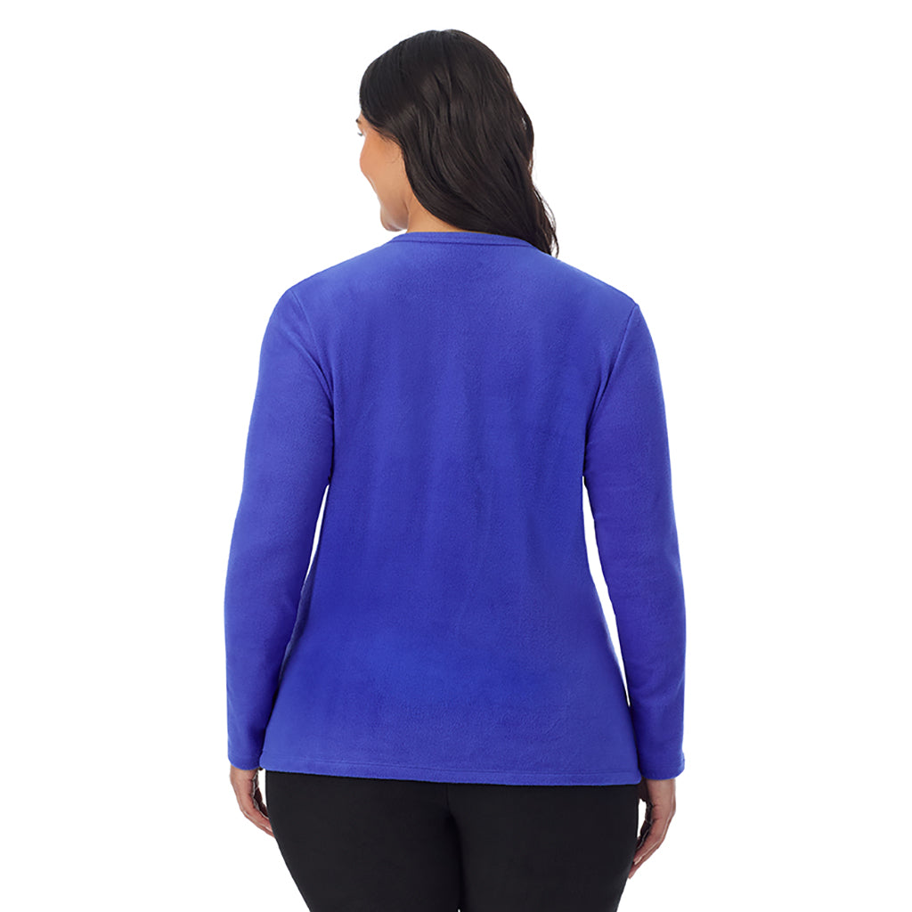 Dazzling Blue; Model is wearing size 1X. She is 5'10", Bust 40", Waist 33", Hips 47"@ A Lady is wearing Dazzling Blue Fleecewear With Stretch Long Sleeve Crew PLUS