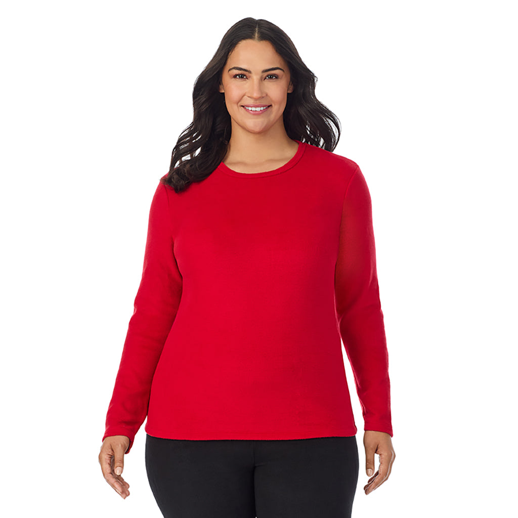 Chili Pepper Red; Model is wearing size 1X. She is 5'10", Bust 40", Waist 33", Hips 47"@ A Lady is wearing Chili Pepper Red Fleecewear With Stretch Long Sleeve Crew PLUS