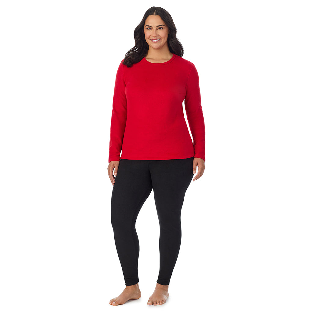 Chili Pepper Red; Model is wearing size 1X. She is 5'10", Bust 40", Waist 33", Hips 47"@ A Lady is wearing Chili Pepper Red Fleecewear With Stretch Long Sleeve Crew PLUS