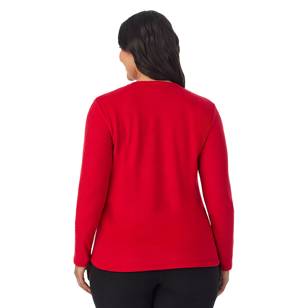  A Lady is wearing Chili Pepper Red Fleecewear With Stretch Long Sleeve Crew PLUS