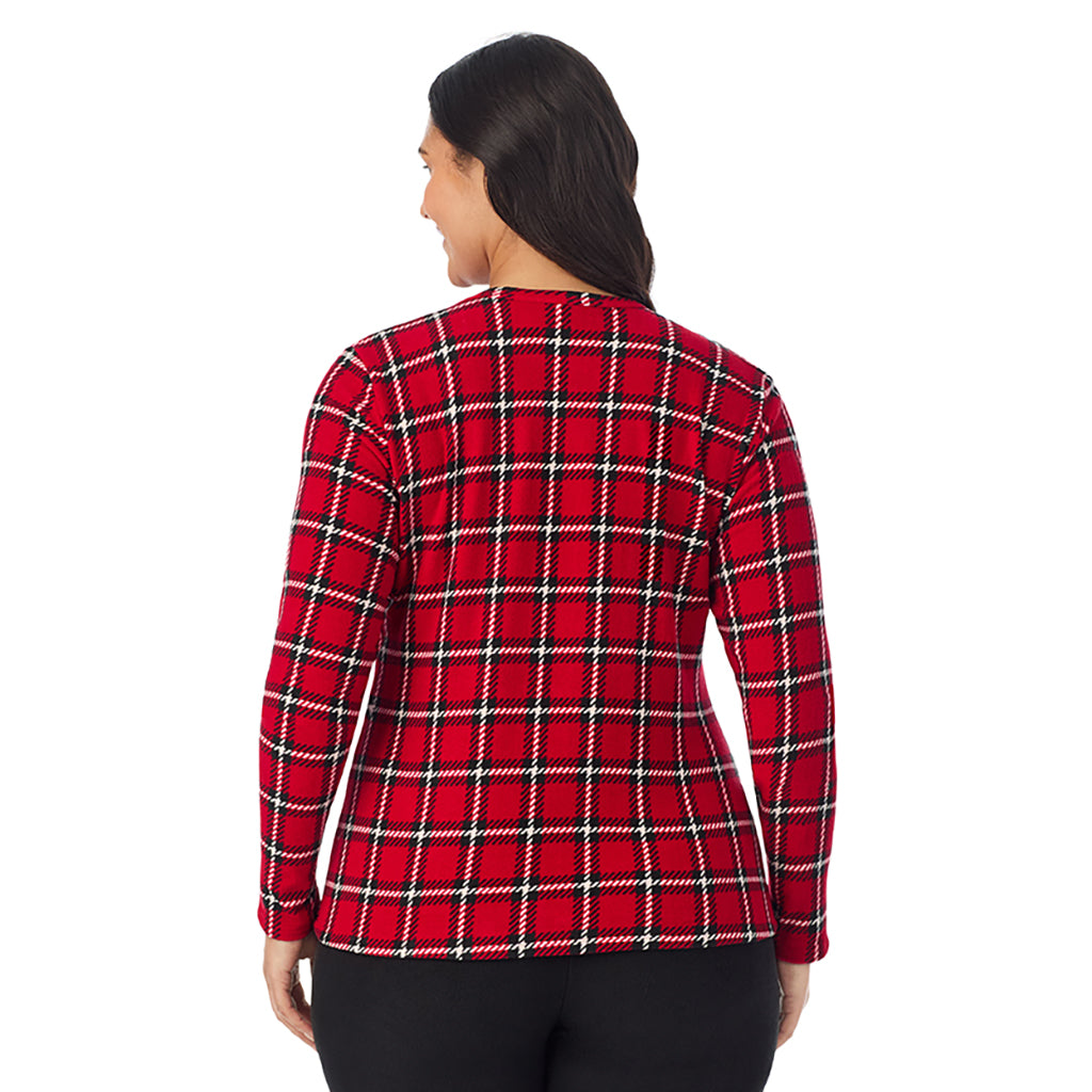  A Lady is wearing Red Plaid Fleecewear With Stretch Long Sleeve Crew PLUS