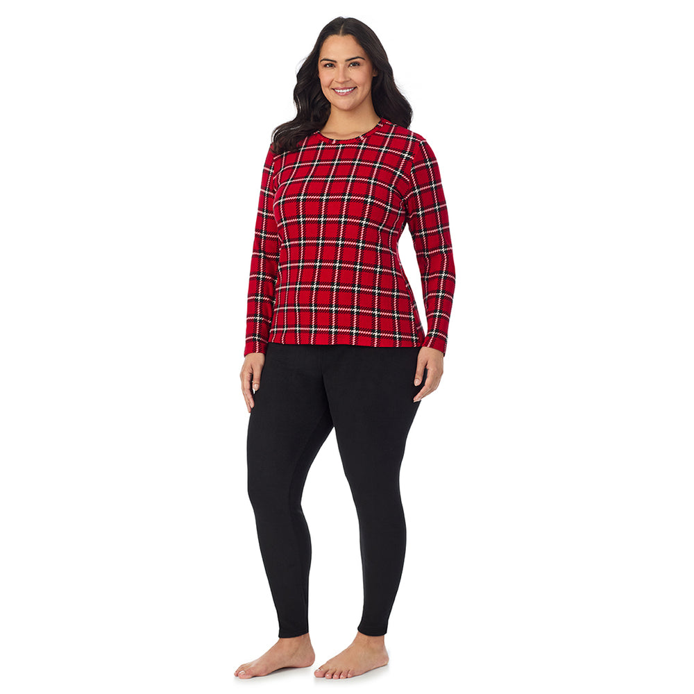 A Lady is wearing Red Plaid Fleecewear With Stretch Long Sleeve Crew PLUS