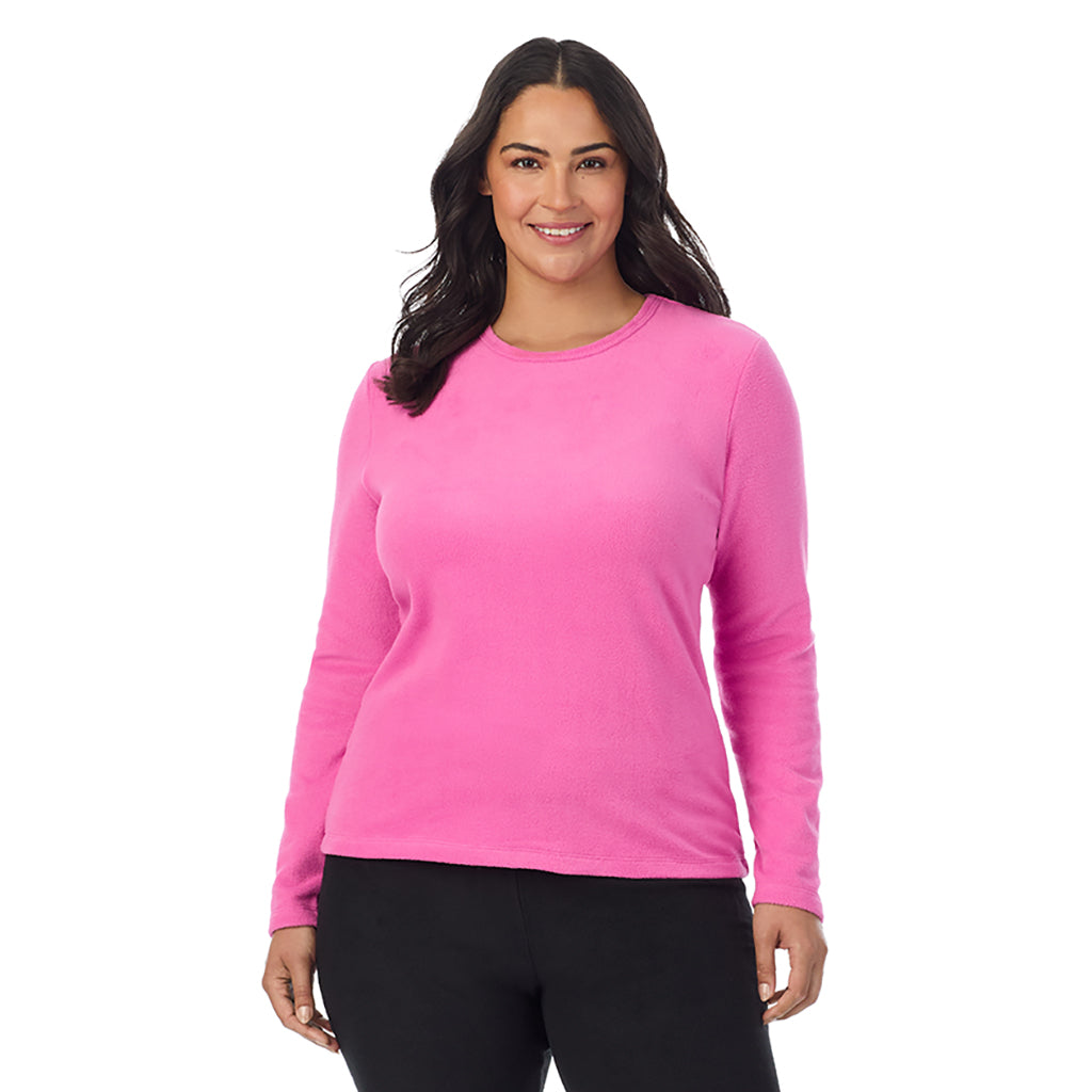 Fiji Pink; Model is wearing size 1X. She is 5'10", Bust 40", Waist 33", Hips 47"@ A Lady is wearing Fiji Pink Fleecewear With Stretch Long Sleeve Crew PLUS