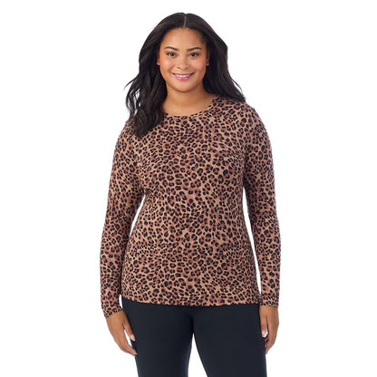 Taupe Leopard; Model is wearing size 1X. She is 5'11", Bust 36", Waist 36.5", Hips 47.5".@A lady wearing a taupe leopard long sleeve crew plus.