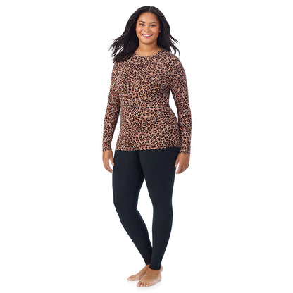 Taupe Leopard; Model is wearing size 1X. She is 5'11", Bust 36", Waist 36.5", Hips 47.5".@A lady wearing a taupe leopard long sleeve crew plus.
