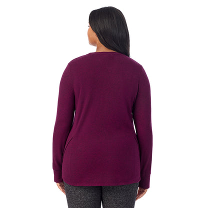 Marled Dark Purple; Model is wearing size 1X. She is 5'11", Bust 36", Waist 36.5", Hips 47.5".@ A Lady is wearing Marled Dark Purple Soft Knit Long Sleeve Crew PLUS