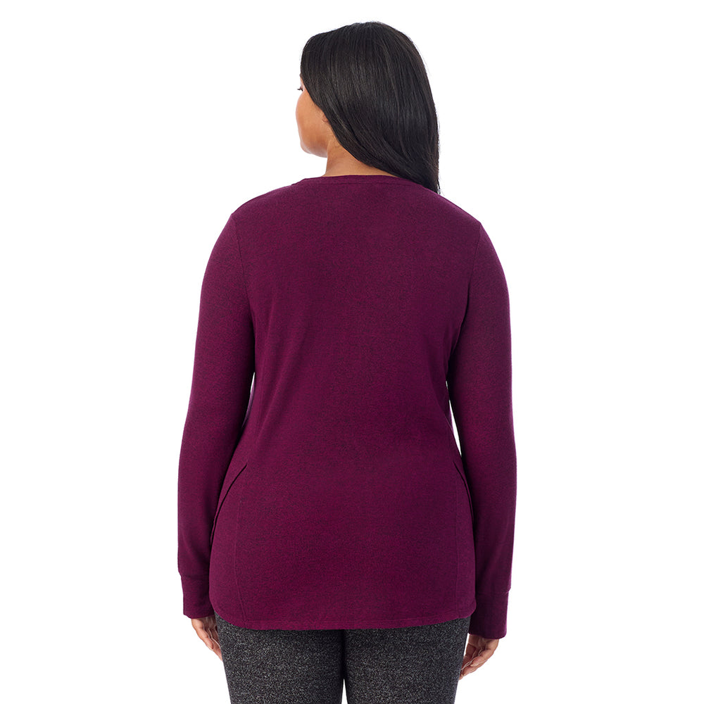 A Lady is wearing Marled Dark Purple Soft Knit Long Sleeve Crew PLUS