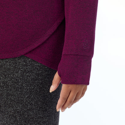 Marled Dark Purple; Model is wearing size 1X. She is 5'11", Bust 36", Waist 36.5", Hips 47.5".@ A Lady is wearing Marled Dark Purple Soft Knit Long Sleeve Crew PLUS
