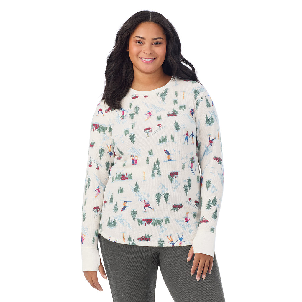  A Lady is wearing Cozy Stretch Thermal Long Sleeve Crew PLUS