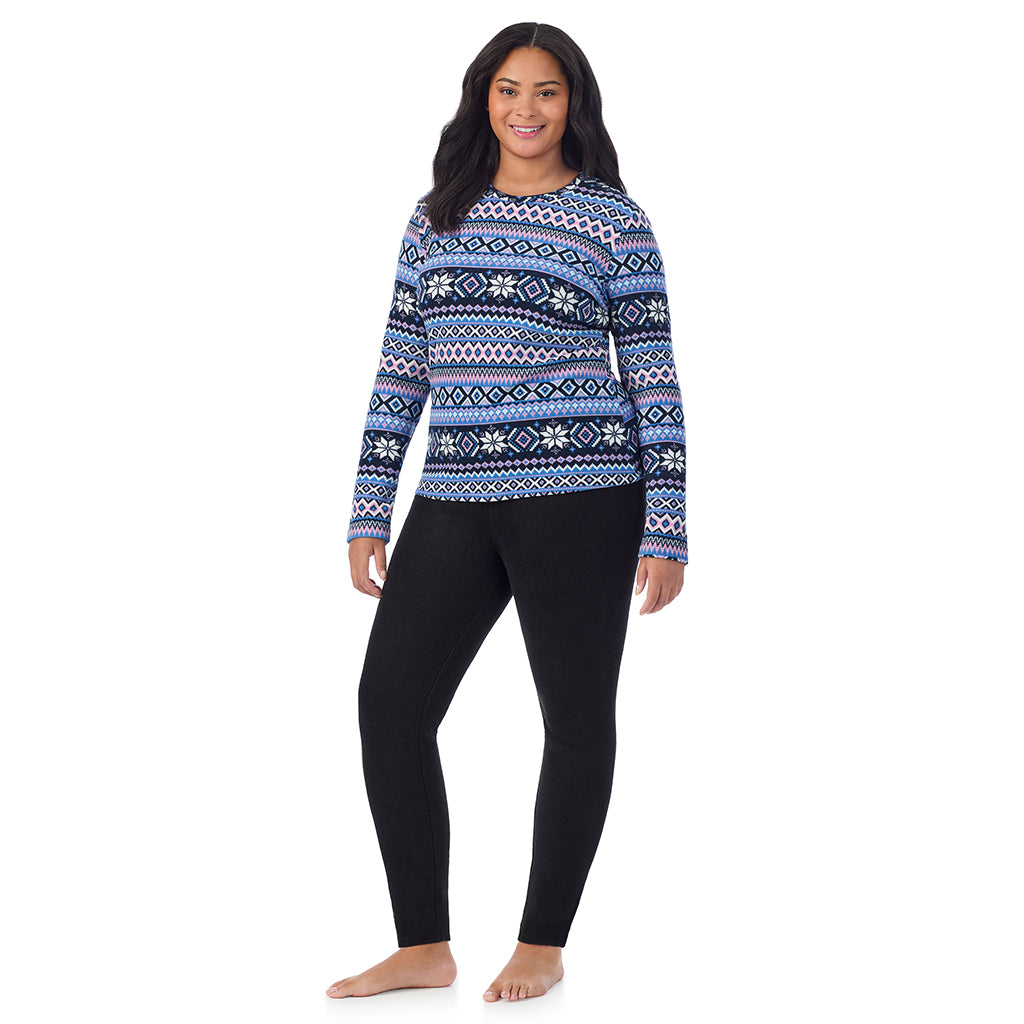 A lady wearing Blue Fairisle fleecewear with stretch long sleeve crew plus.